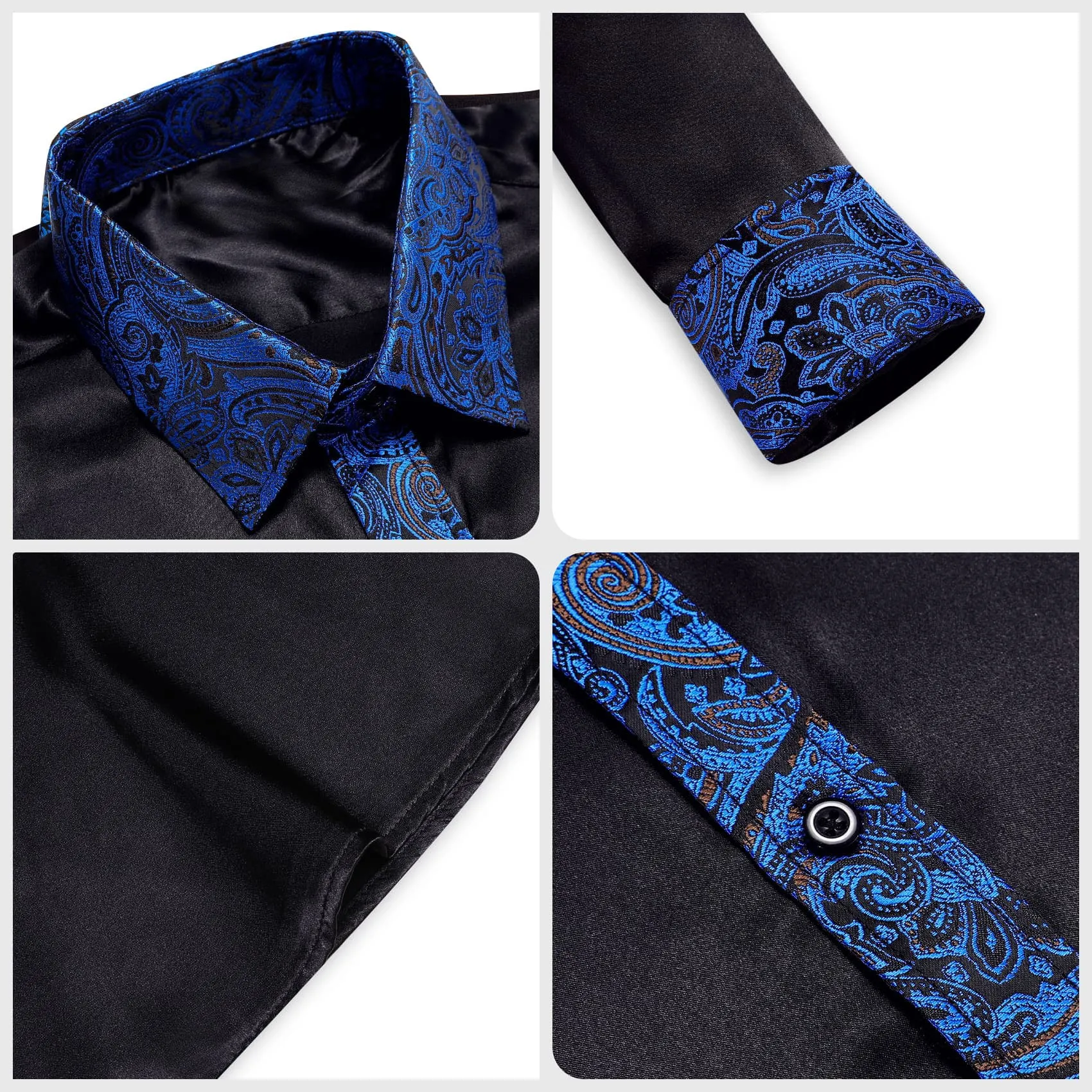 Ties2you Dress Shirt Black Solid Splicing Navy Blue Paisley Button Down Long Sleeve Shirts for Men