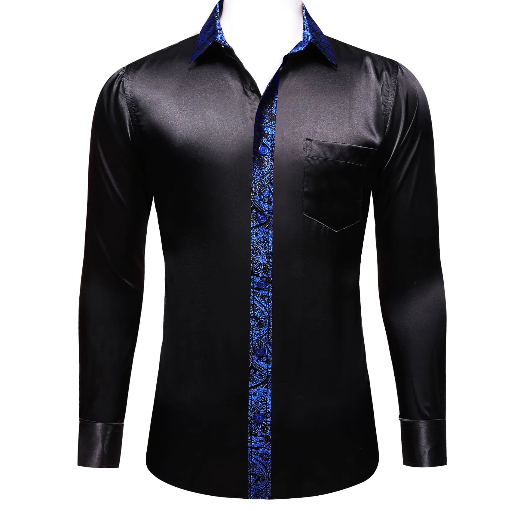 Ties2you Dress Shirt Black Solid Splicing Navy Blue Paisley Button Down Long Sleeve Shirts for Men