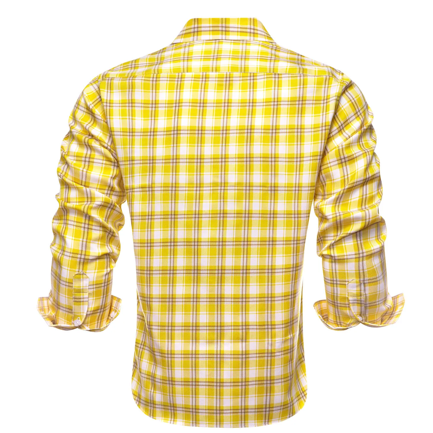 Ties2you Men's Shirt Yellow White Plaid Men's Silk Long Sleeve Shirt