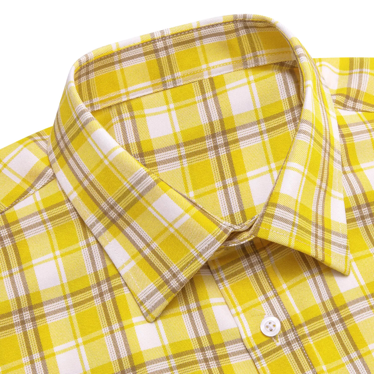 Ties2you Men's Shirt Yellow White Plaid Men's Silk Long Sleeve Shirt