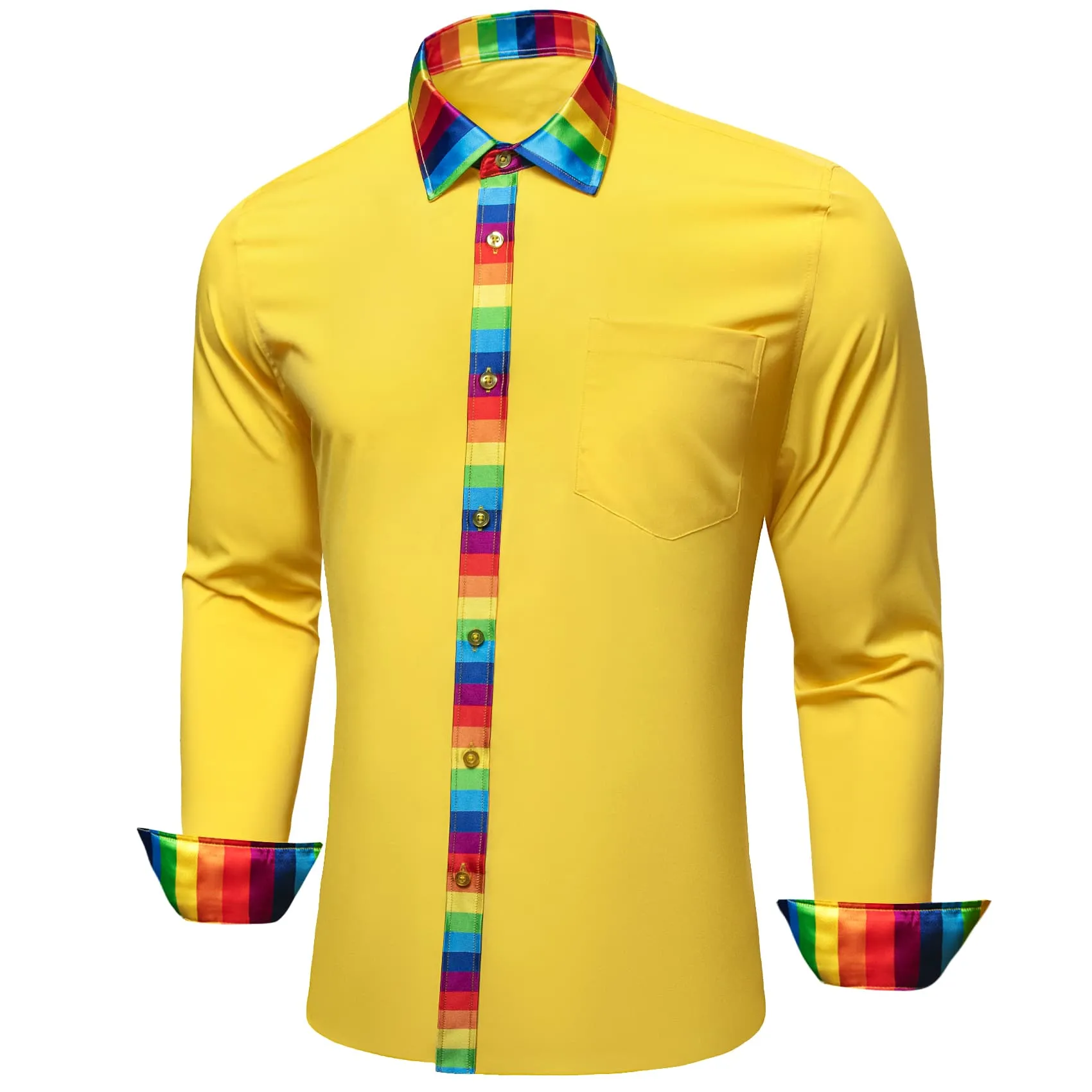 Ties2you Work Shirt Sandstorm Yellow Colorful Splicing Long Sleeve Silk Mens Button Up Shirt