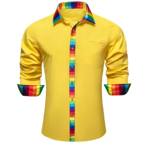 Ties2you Work Shirt Sandstorm Yellow Colorful Splicing Long Sleeve Silk Mens Button Up Shirt