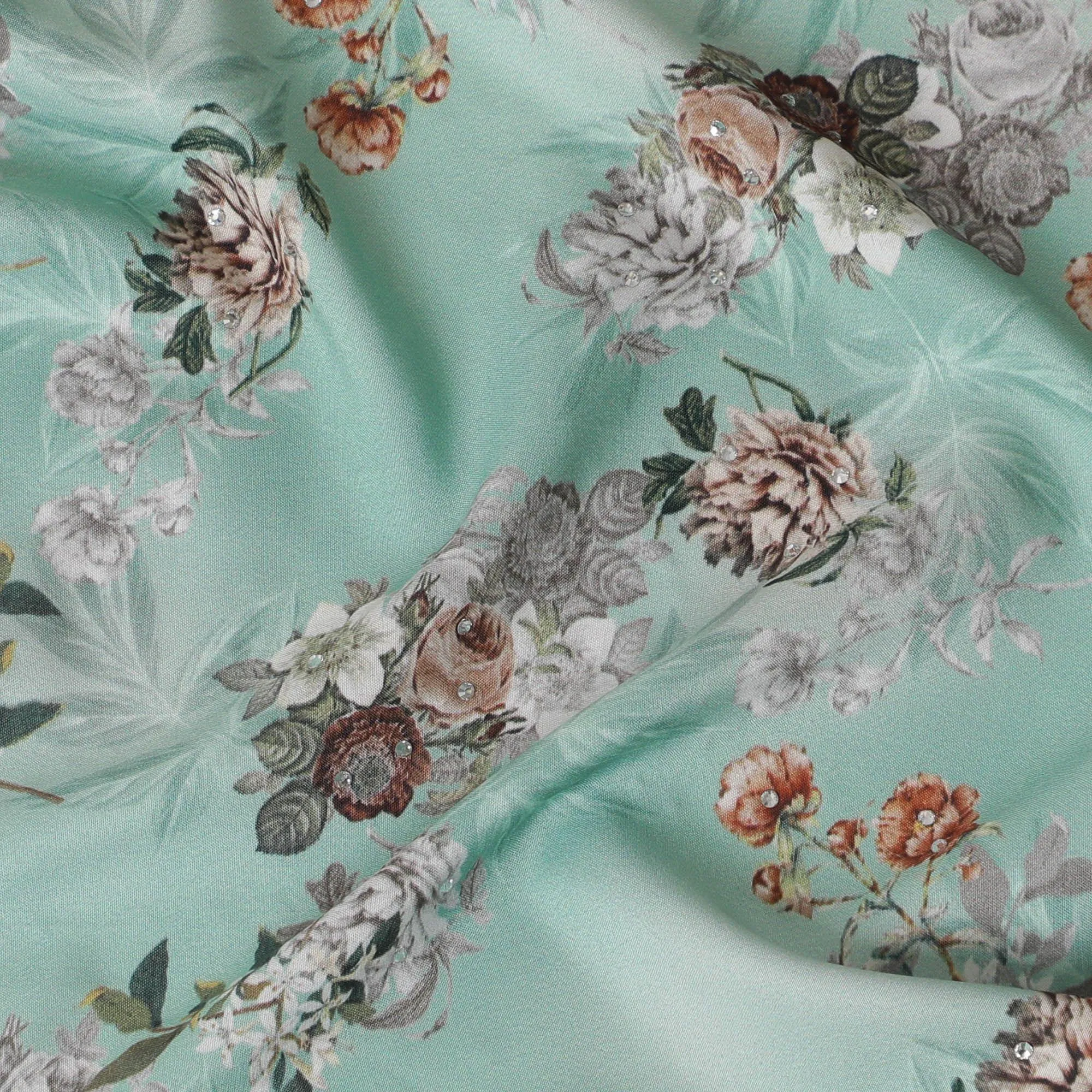 Turquoise green synthetic crepe fabric with multicolor print having stone work in floral design-D15313