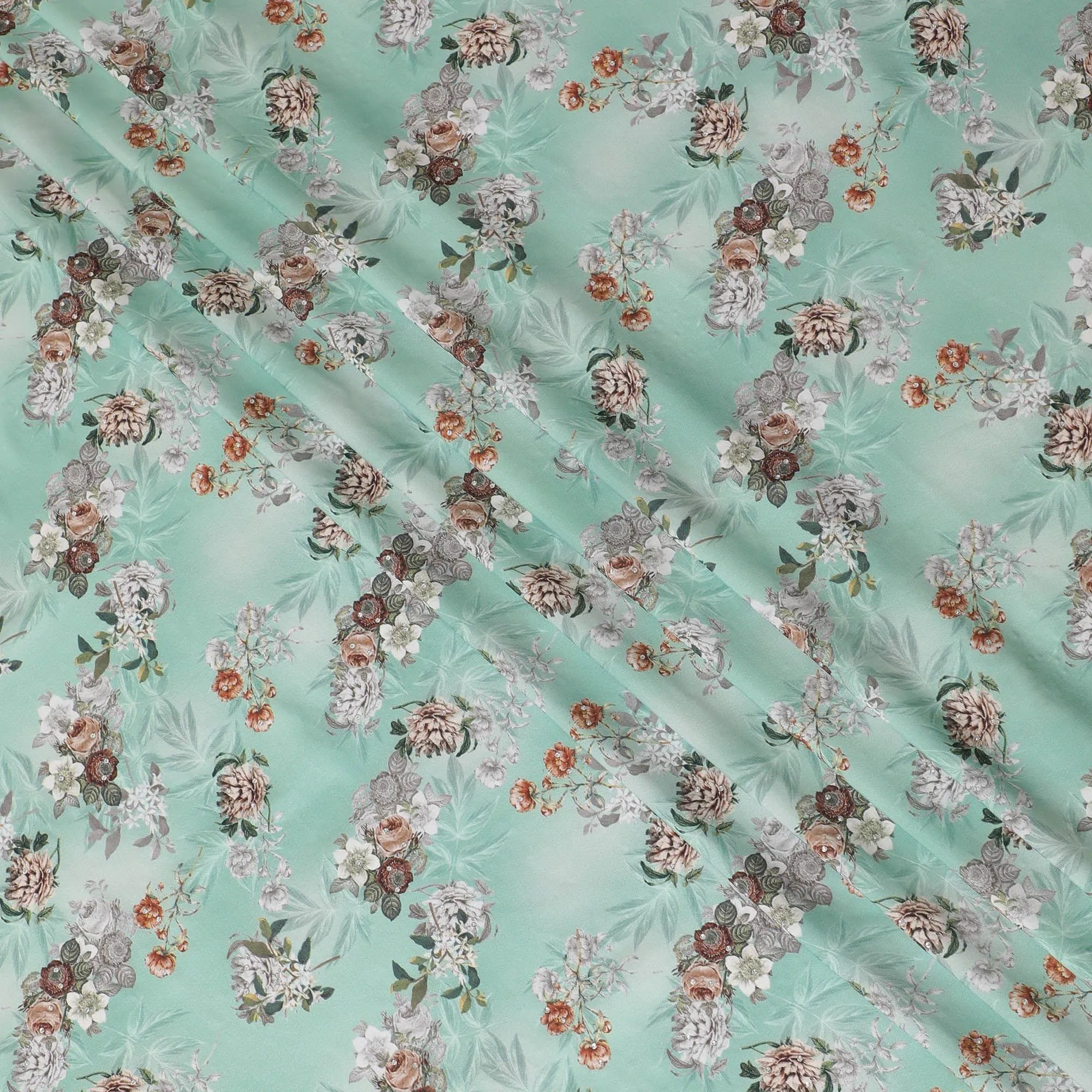 Turquoise green synthetic crepe fabric with multicolor print having stone work in floral design-D15313