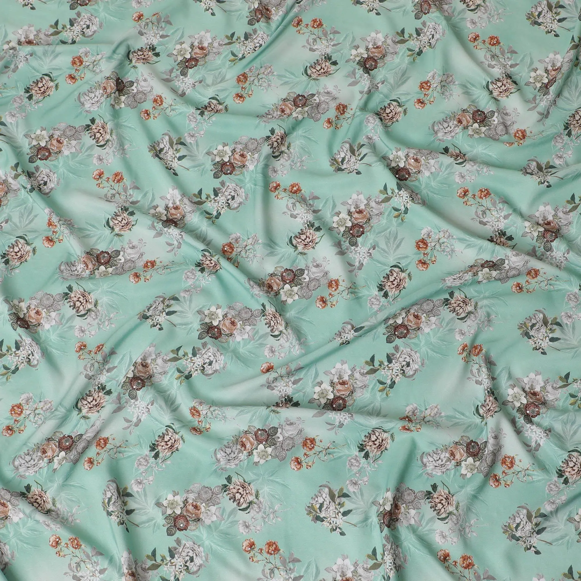 Turquoise green synthetic crepe fabric with multicolor print having stone work in floral design-D15313