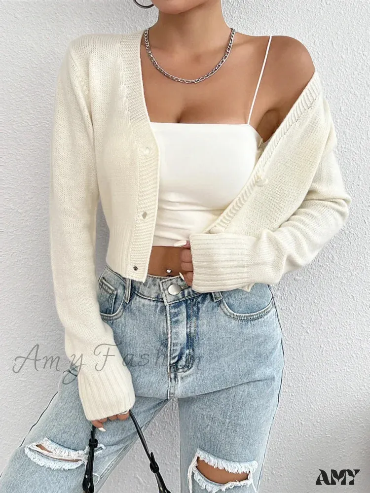 V-neck Solid Color Elegant Casual Long Sleeve Front Button Knitted Autumn Sweater