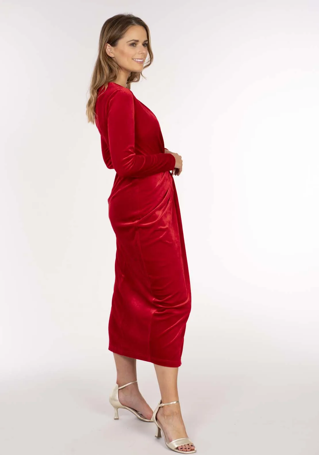 Velvet Half Wrap Pleat Dress - Red