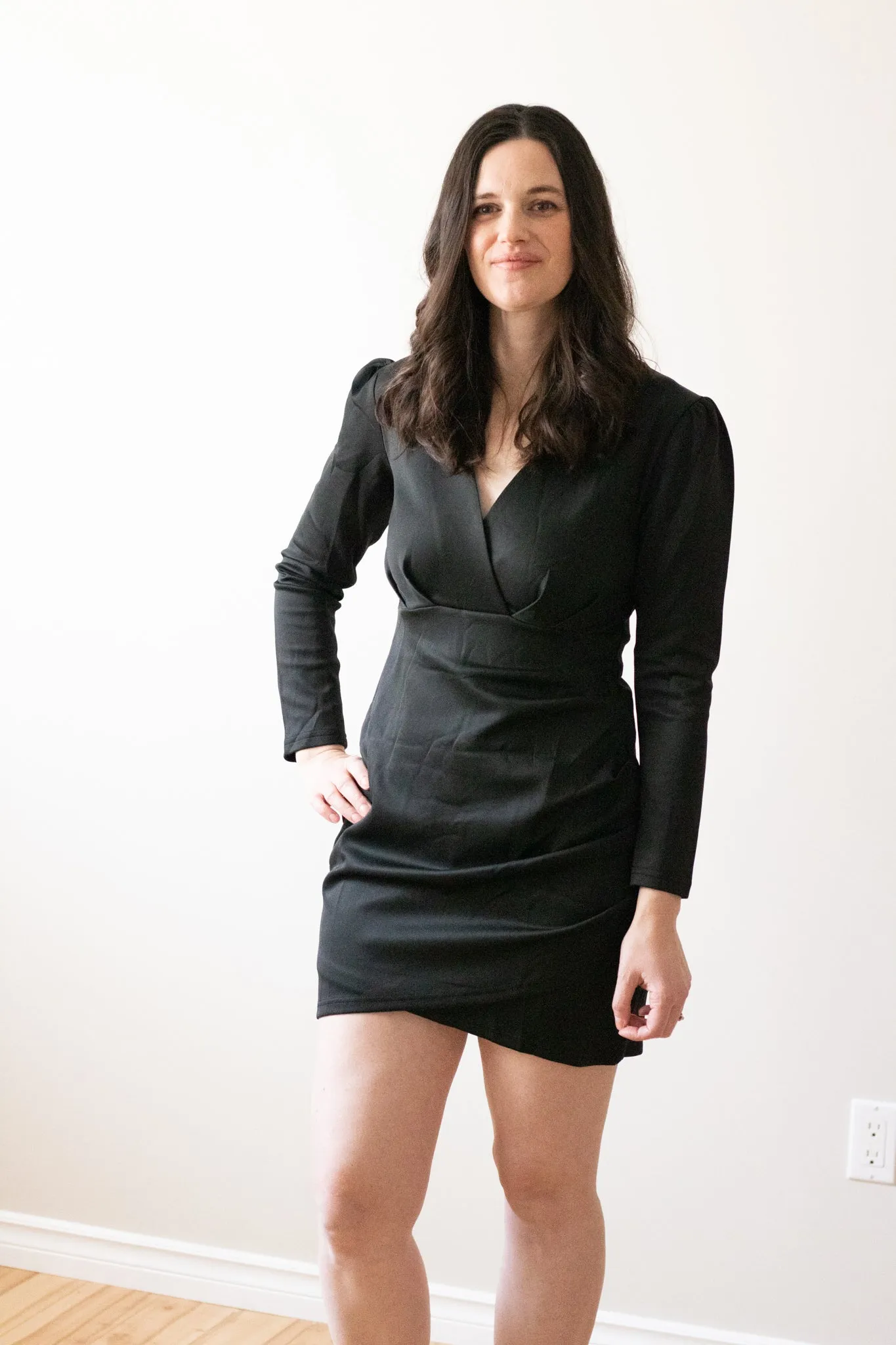 Vivienne  - Black V Neck Ruched Mini Dress