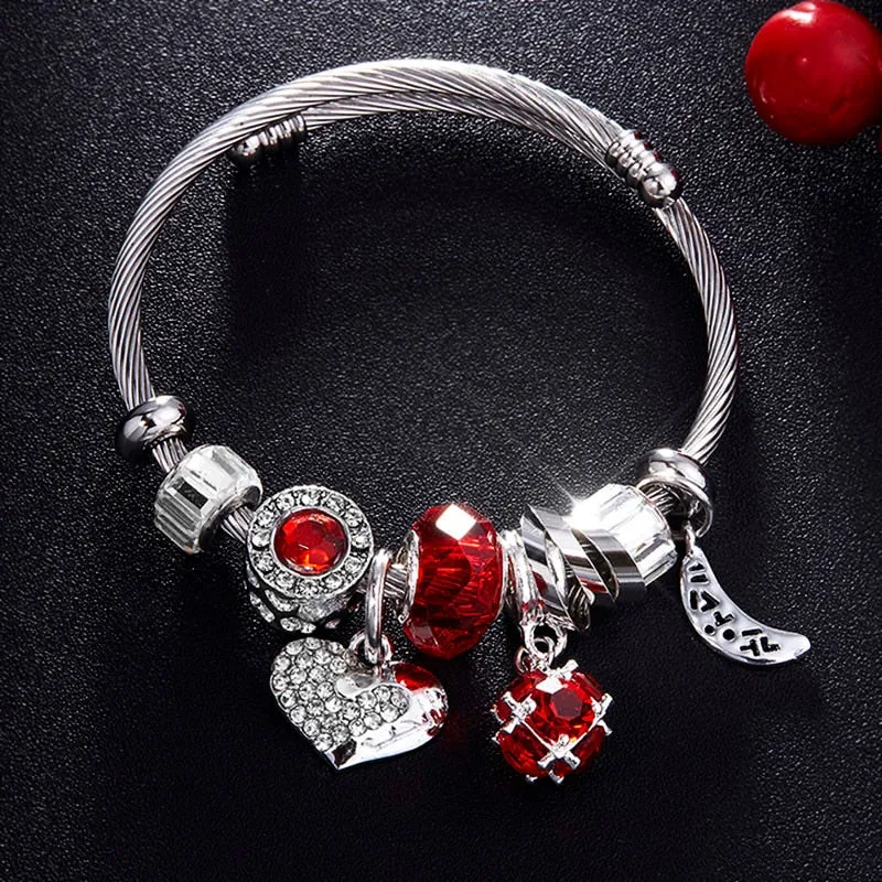 Wenkouban Love Heart DIY Bracelet Crystal Bead Charms Bracelets & Bangles Fashion Indian Jewelry Steel Chain Wristband Brand Gift