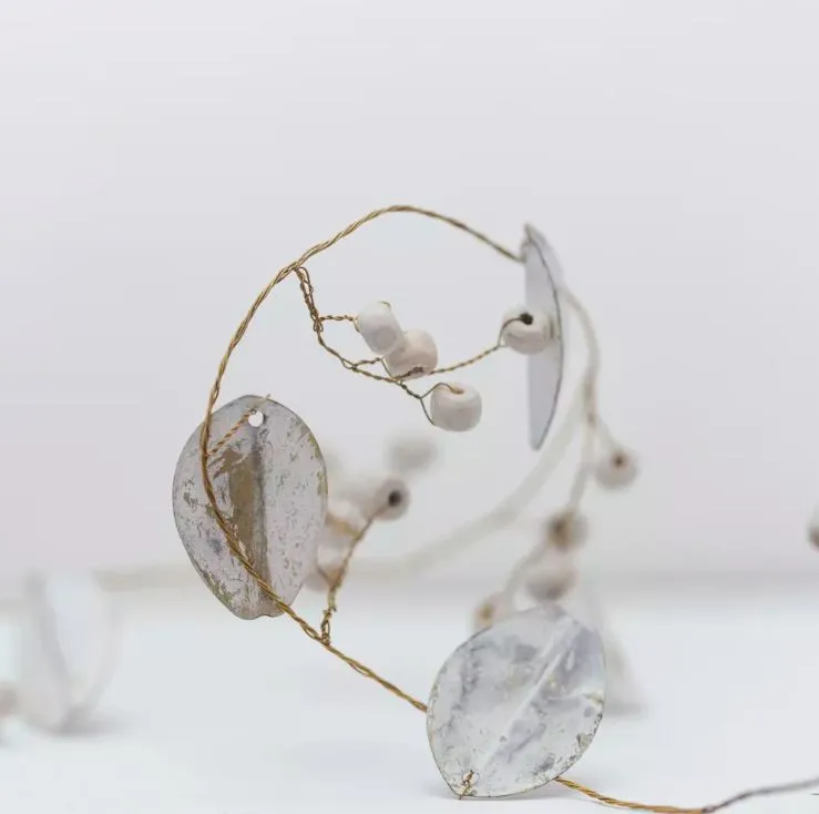 White Leaves Garland with White Wooden Berries