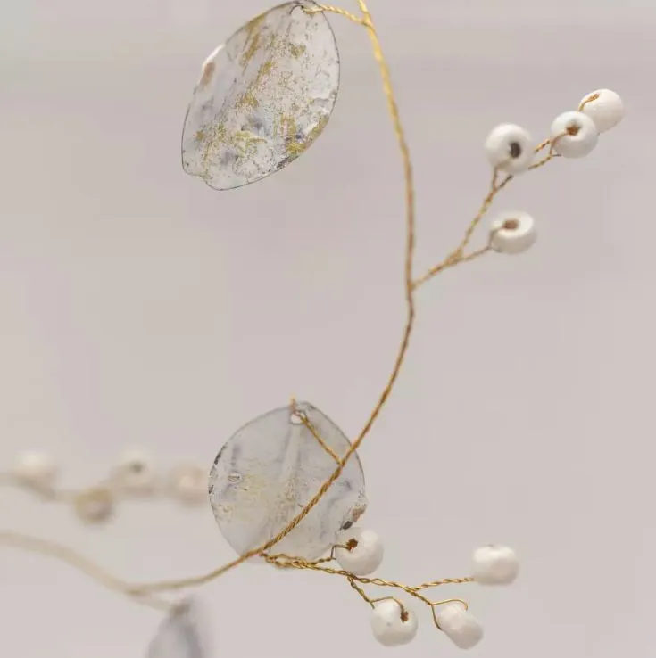 White Leaves Garland with White Wooden Berries