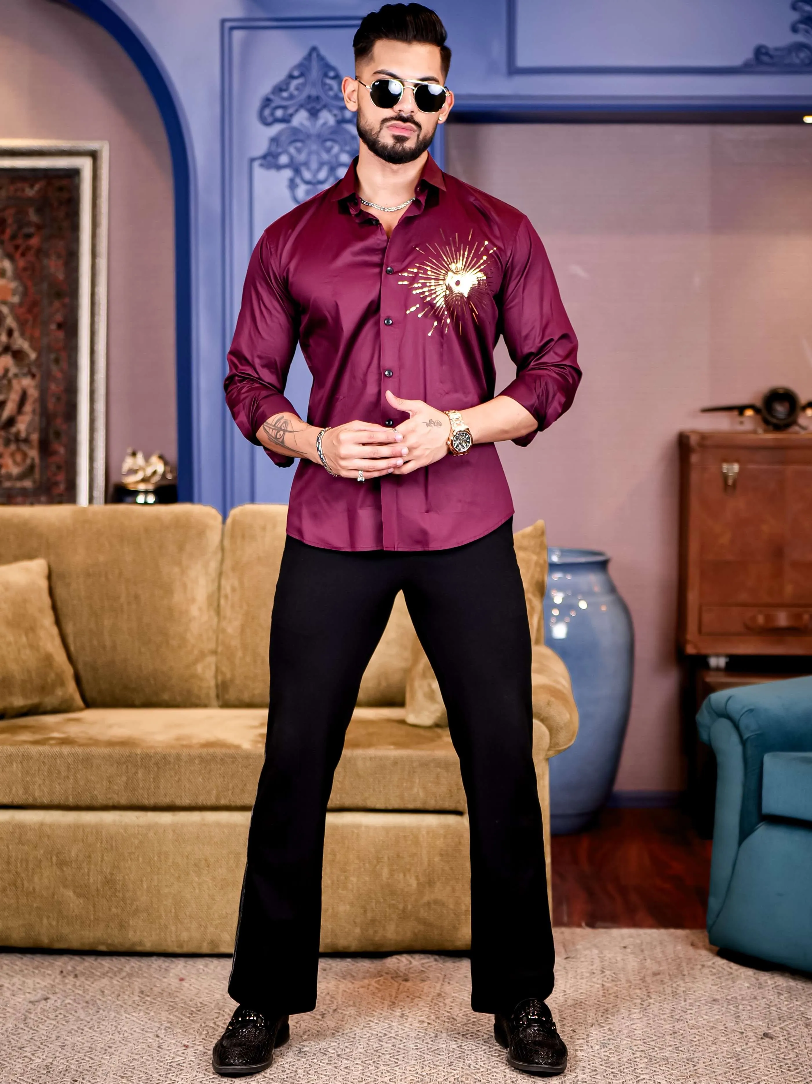 Wine Club Wear Sequence Printed Satin Cotton Shirt