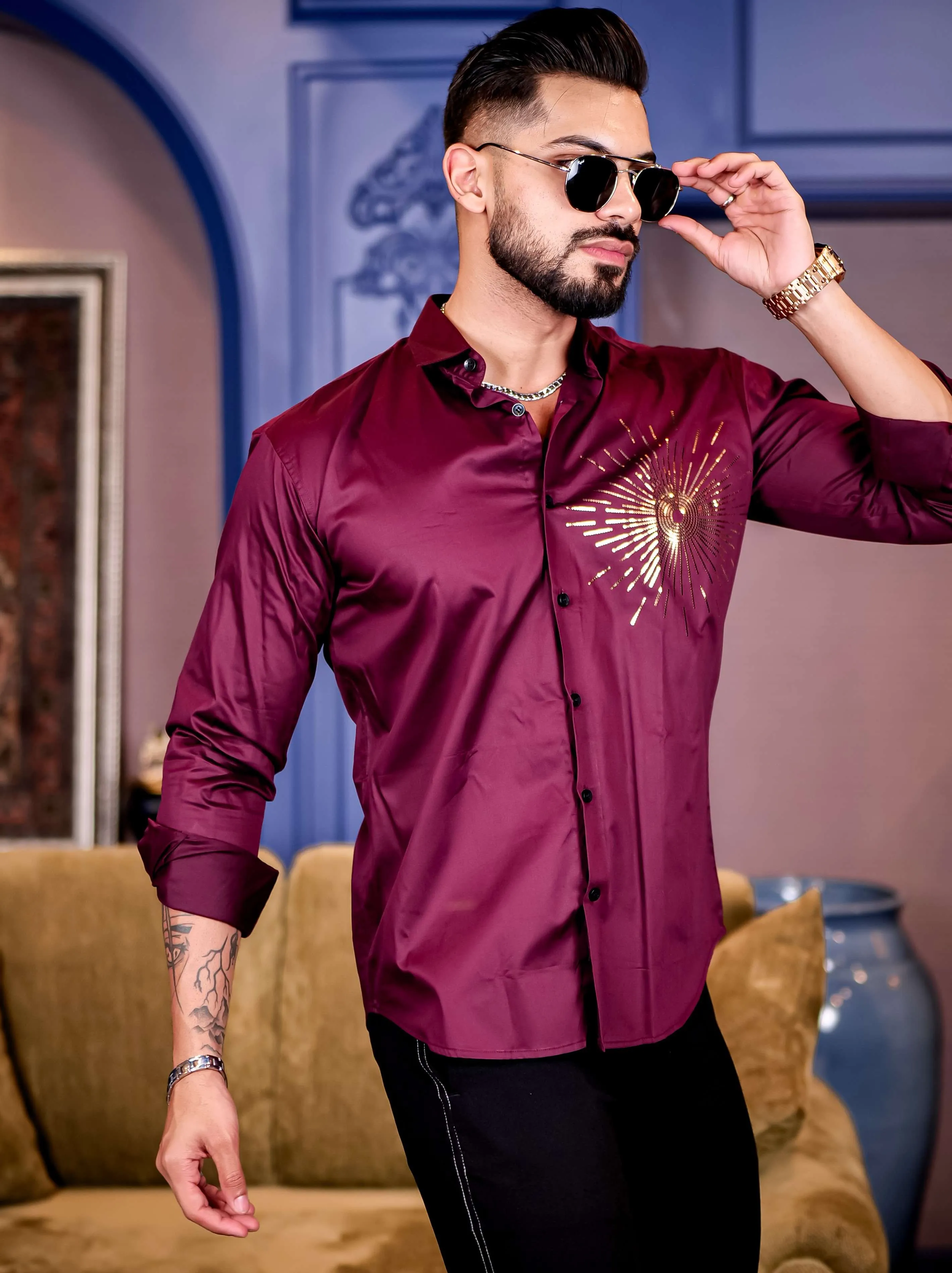 Wine Club Wear Sequence Printed Satin Cotton Shirt