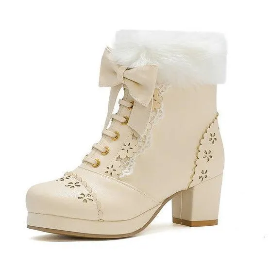 Women cute bowknot lace up hollow flower heeled faux fur short winter boots