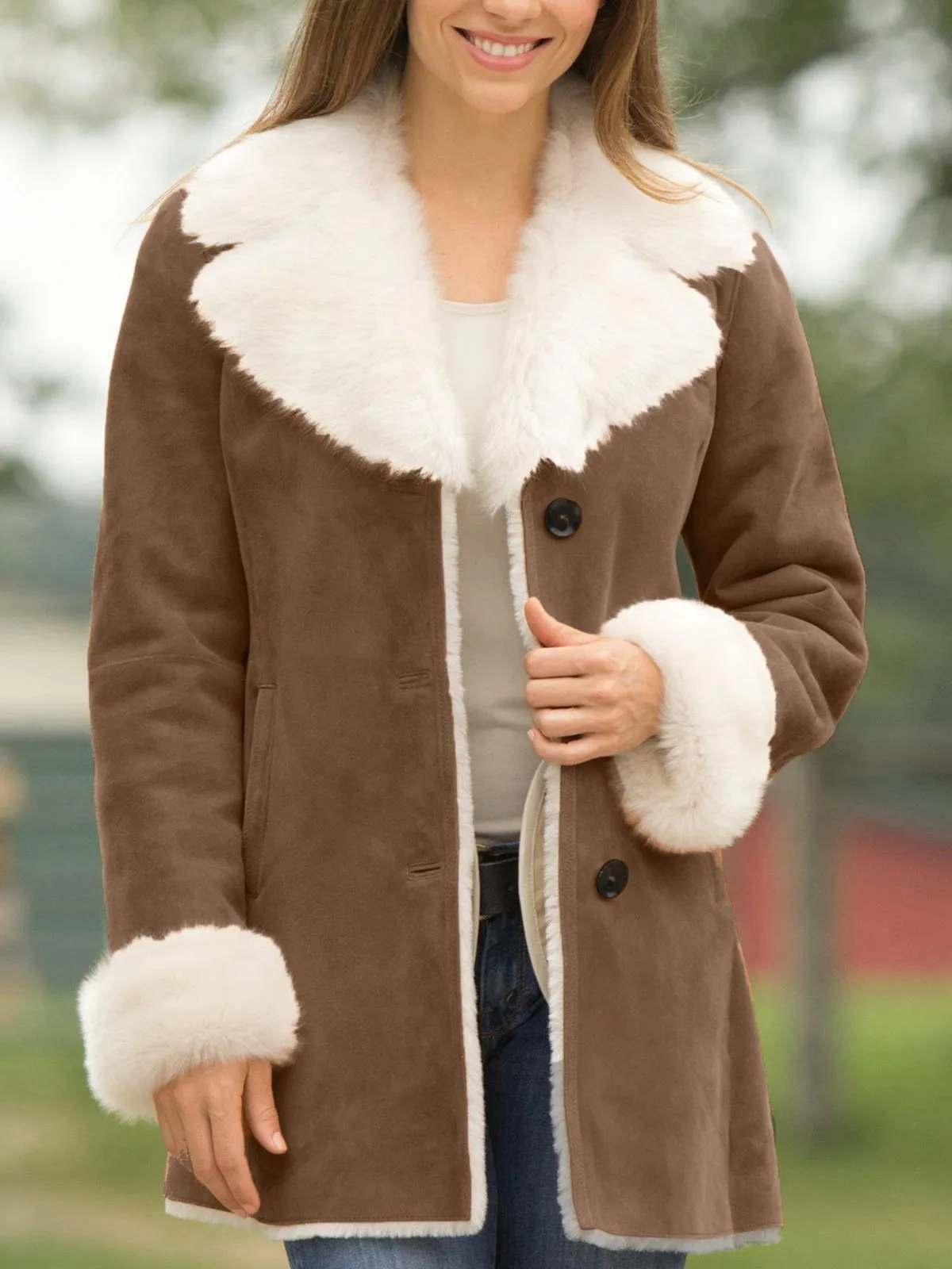 Women Daily Fur Collar Button Down Thick Long Coat