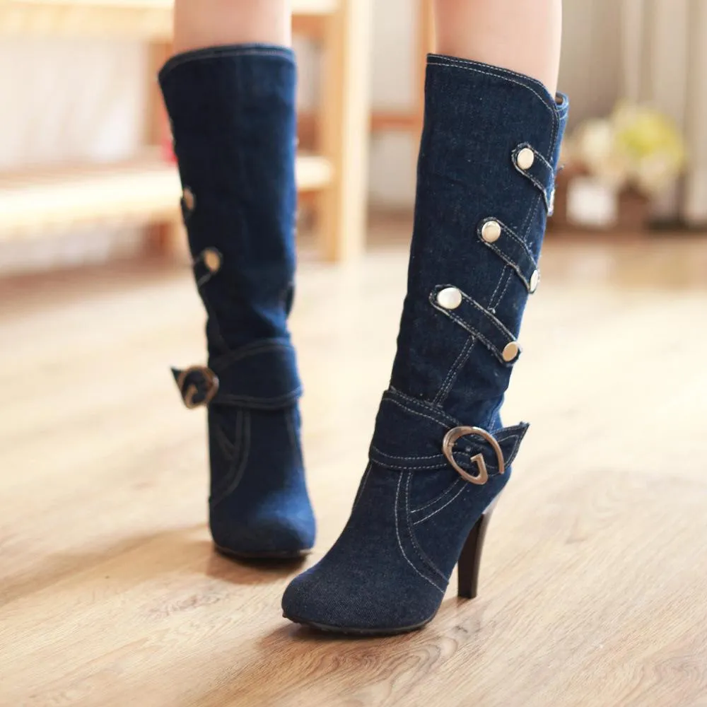 Women denim fashoin buckle strap chunky knee high boots