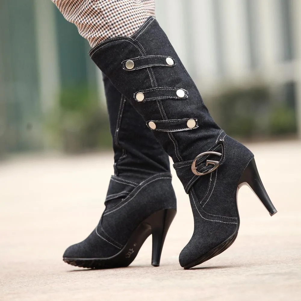 Women denim fashoin buckle strap chunky knee high boots