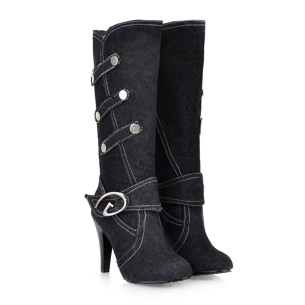 Women denim fashoin buckle strap chunky knee high boots