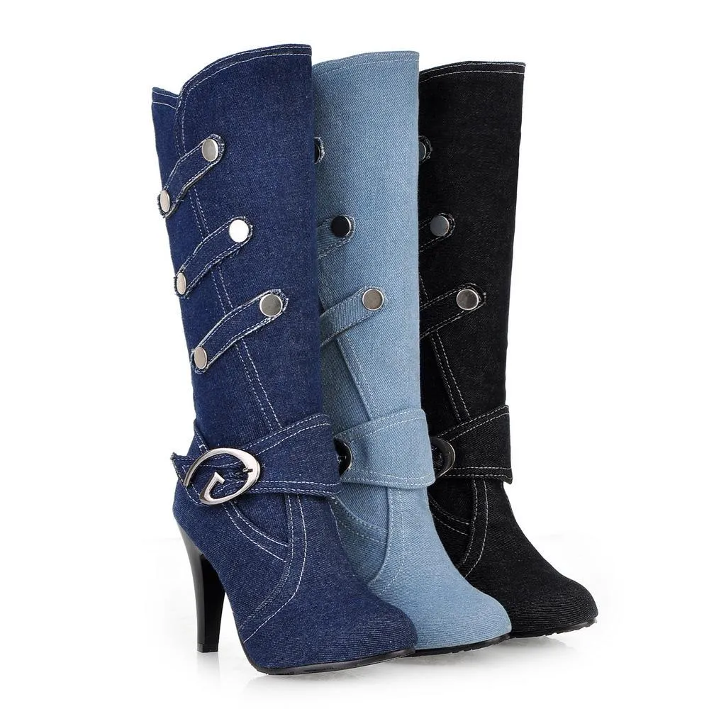 Women denim fashoin buckle strap chunky knee high boots