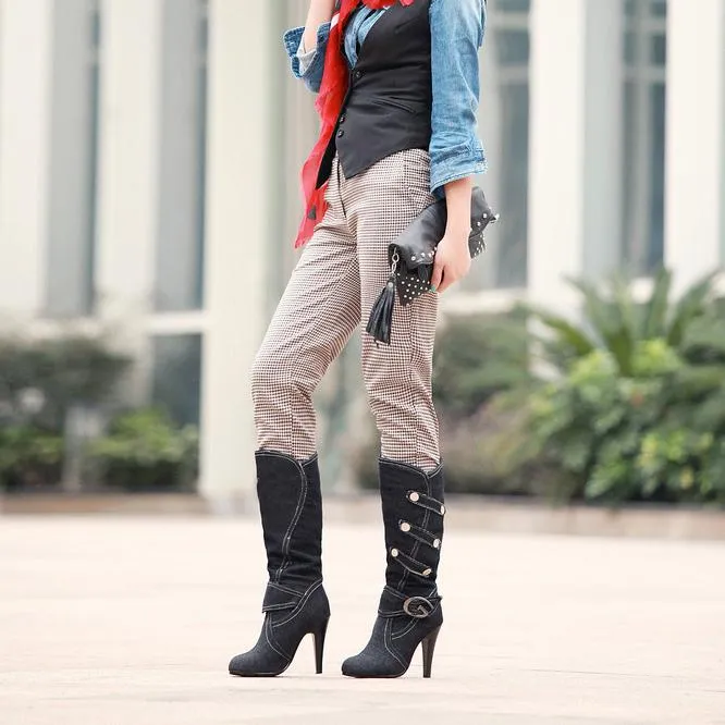 Women denim fashoin buckle strap chunky knee high boots