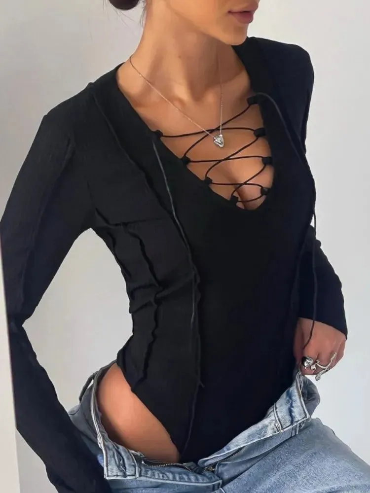 Women Lace-up Long Sleeve Slim Bodysuit