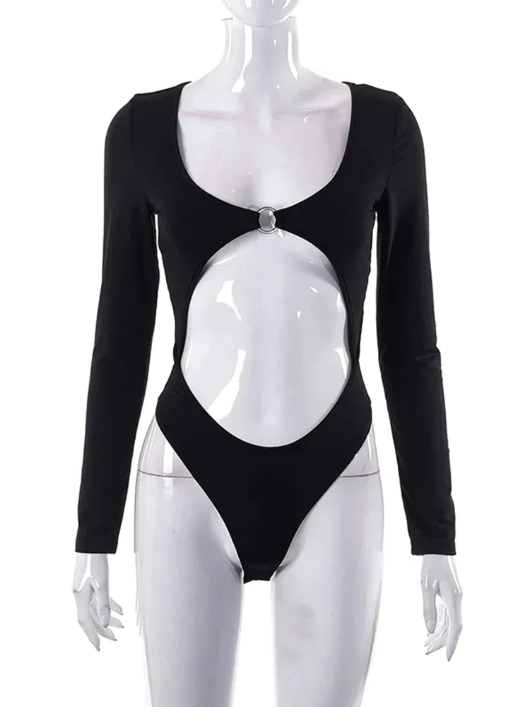 Women Long Sleeve Hollow Out Bodysuits