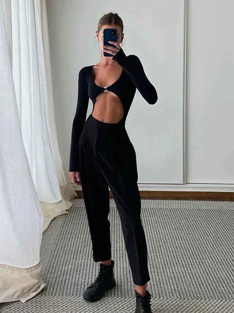 Women Long Sleeve Hollow Out Bodysuits