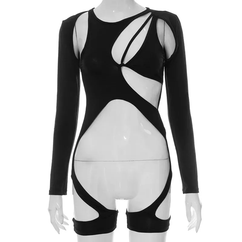 Women Long Sleeve Sexy Tie Up Body Black Bodysuit