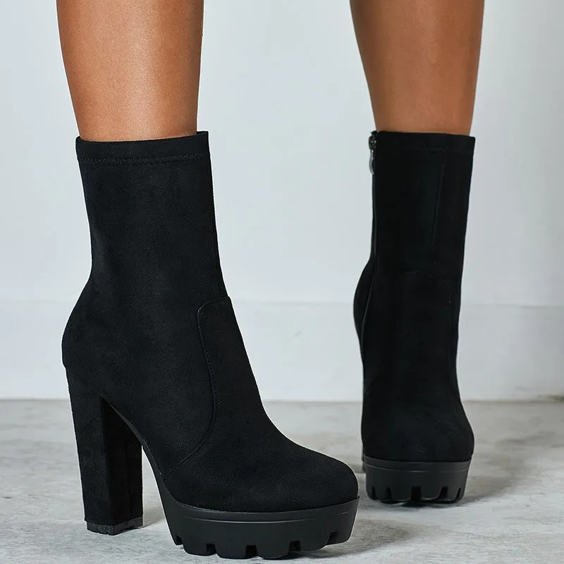 Women minimalist chunky high heel platform short black boots