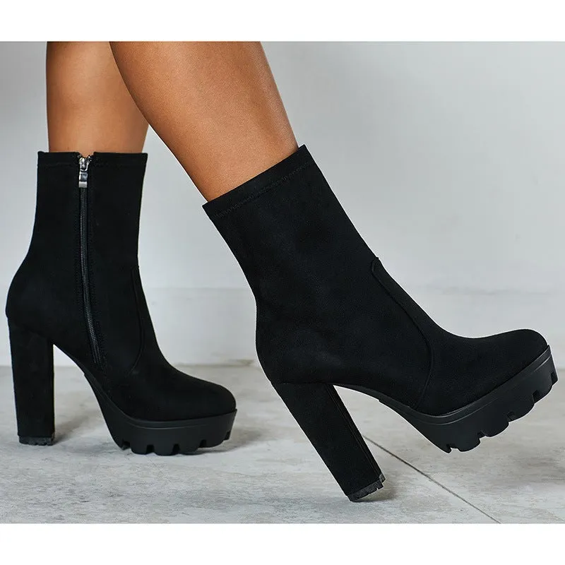 Women minimalist chunky high heel platform short black boots