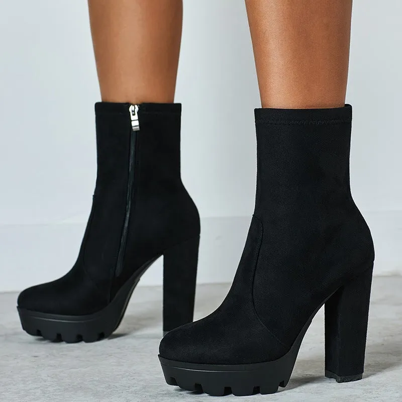 Women minimalist chunky high heel platform short black boots