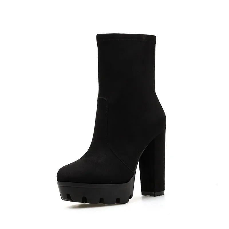 Women minimalist chunky high heel platform short black boots