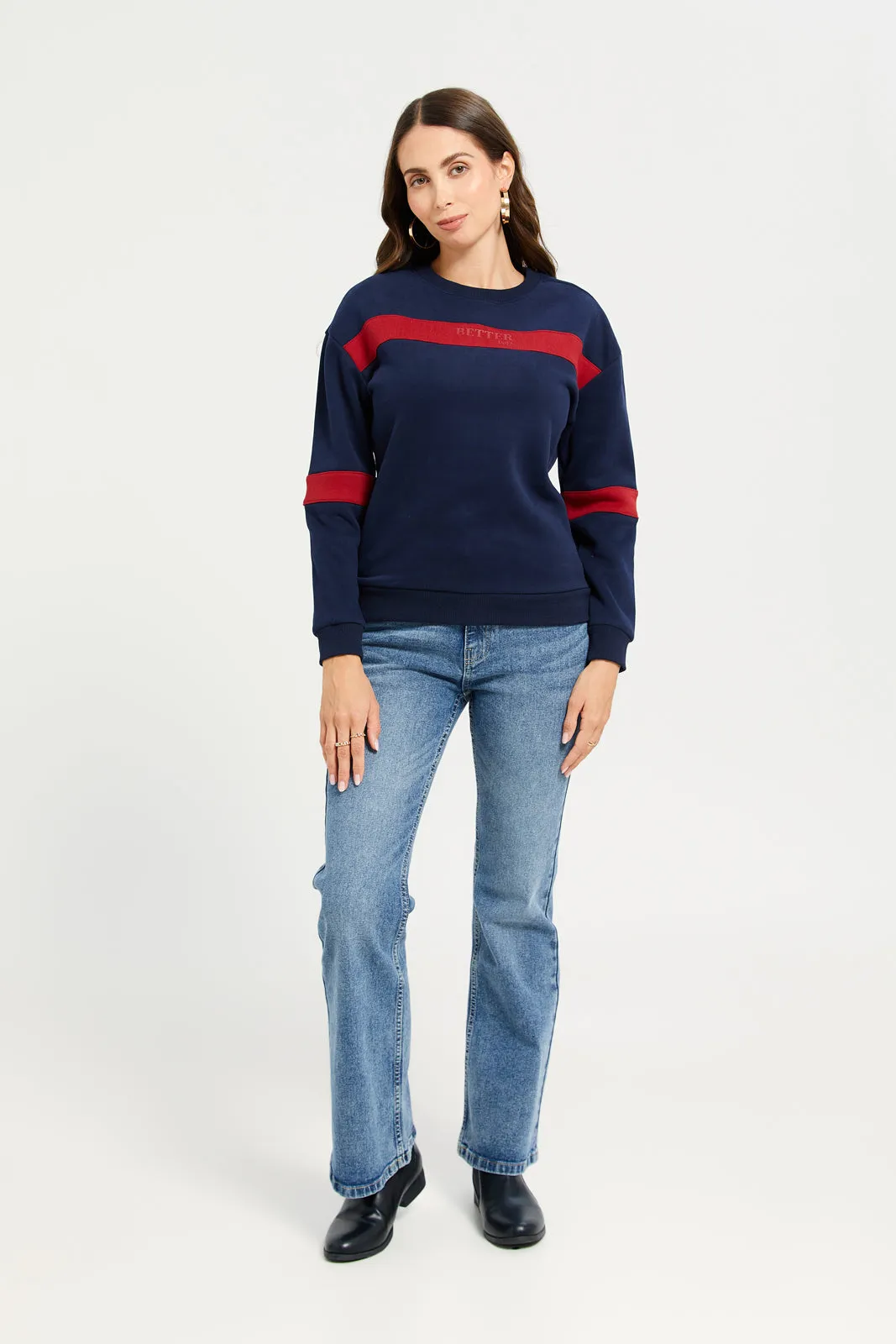 Women Navy Long Sleeves Sweatshirt