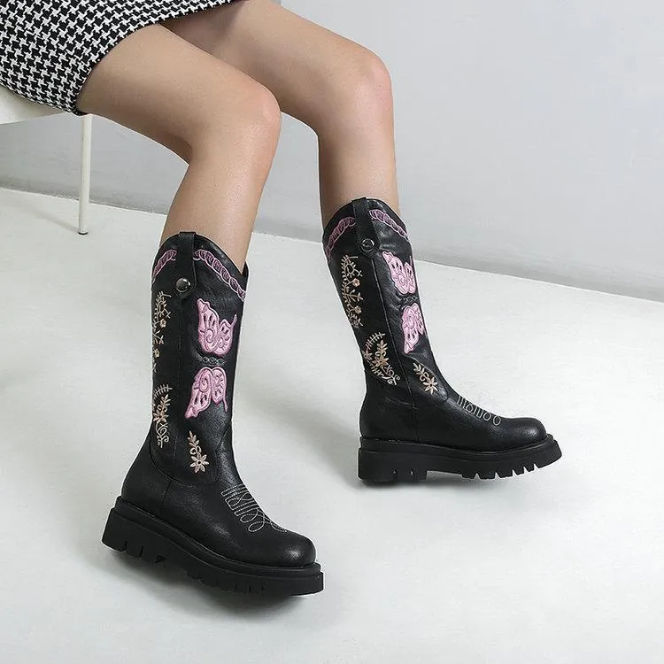 Women platform embroidered butterfly mid calf retro cowboy boots