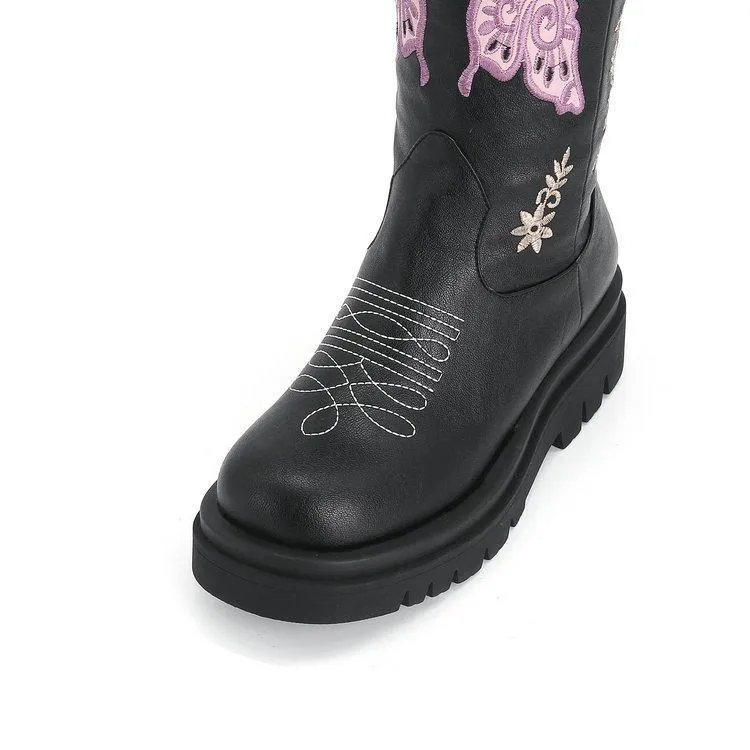 Women platform embroidered butterfly mid calf retro cowboy boots