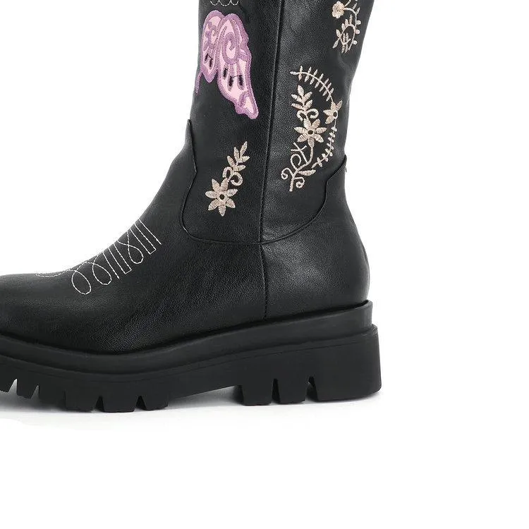 Women platform embroidered butterfly mid calf retro cowboy boots