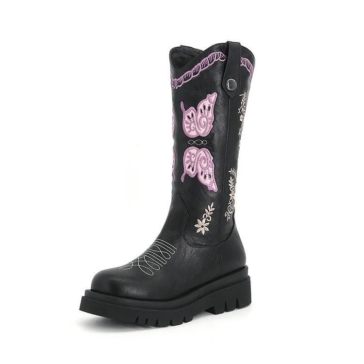 Women platform embroidered butterfly mid calf retro cowboy boots