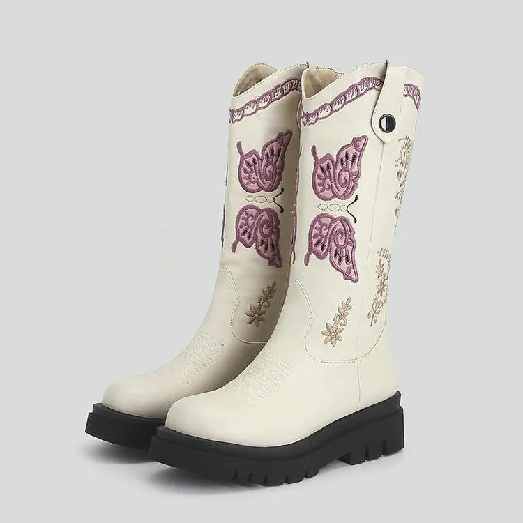 Women platform embroidered butterfly mid calf retro cowboy boots