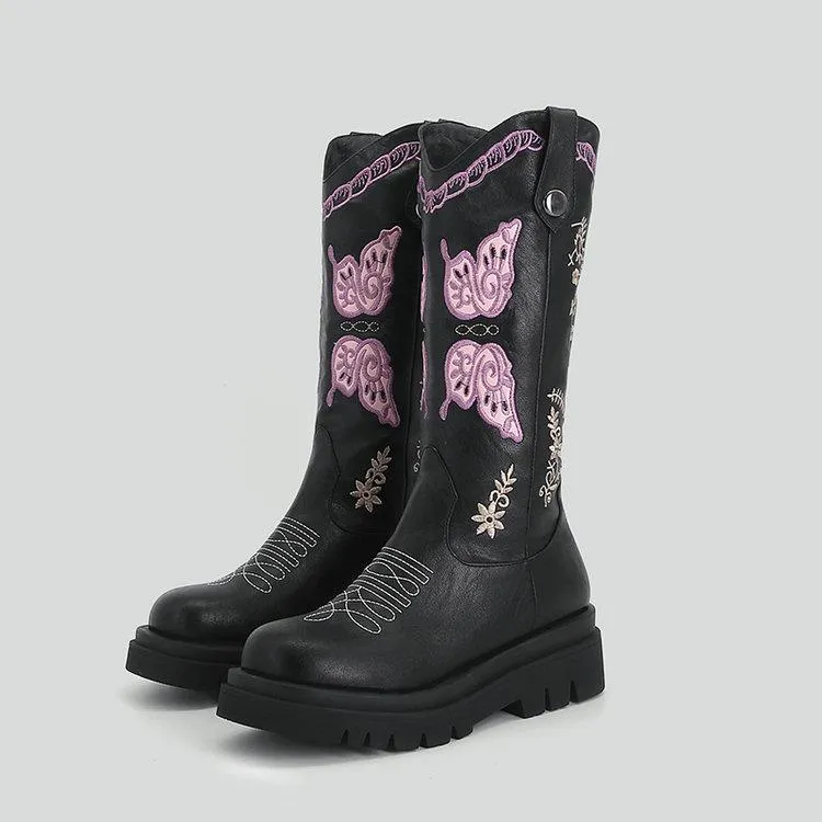 Women platform embroidered butterfly mid calf retro cowboy boots