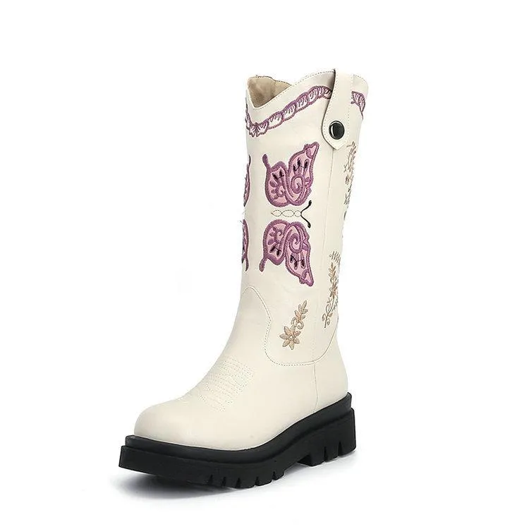 Women platform embroidered butterfly mid calf retro cowboy boots