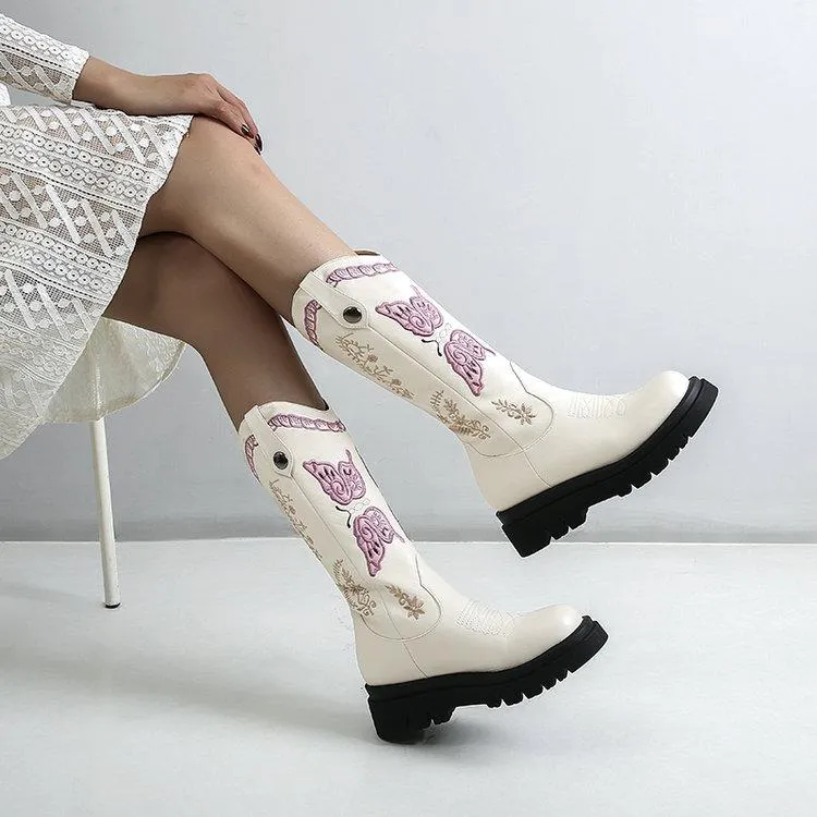 Women platform embroidered butterfly mid calf retro cowboy boots