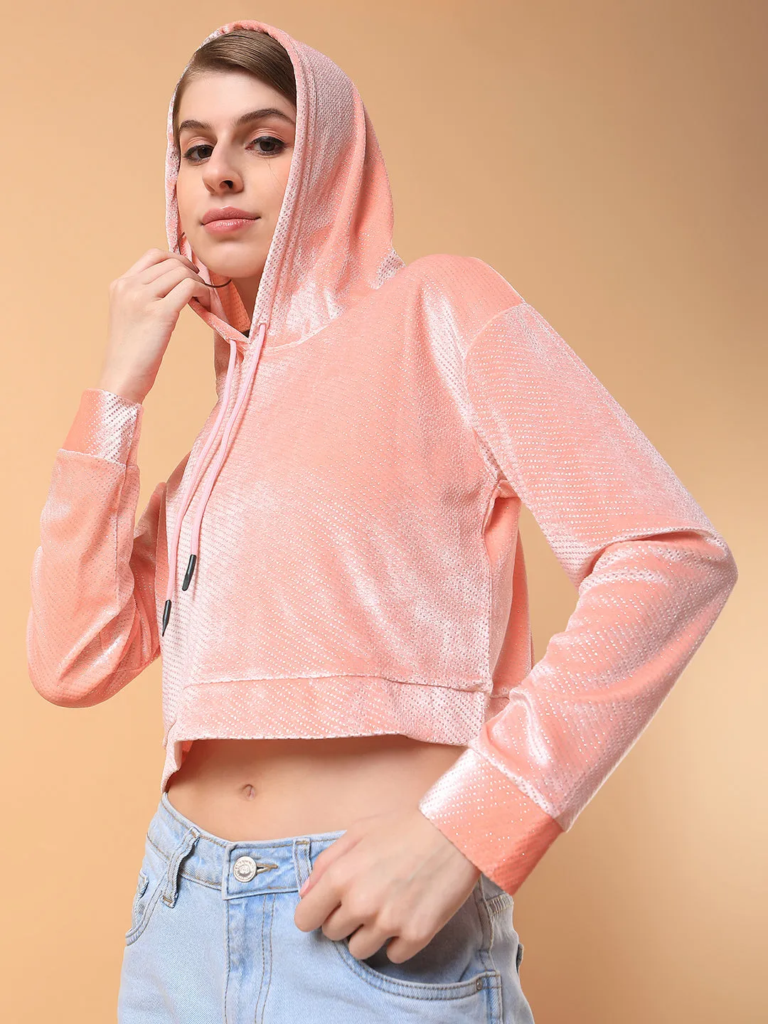 Women Solid Peach Drop Shoulder Crop Pullover