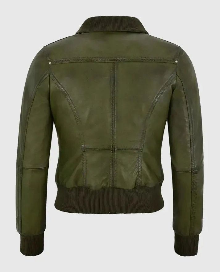 Women's Aviator Olive Bomber Leather Jacket