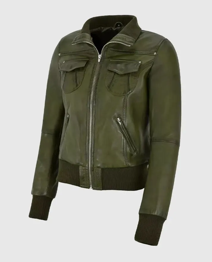 Women's Aviator Olive Bomber Leather Jacket