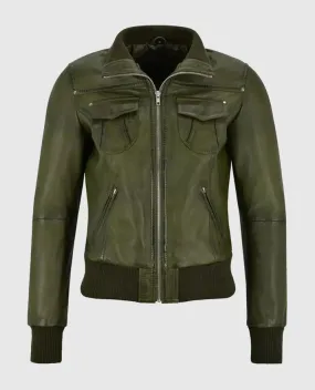 Women's Aviator Olive Bomber Leather Jacket