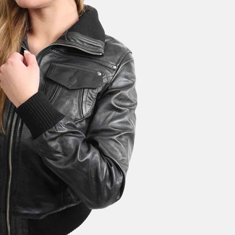 Women’s Black Leather Short Bomber Jacket