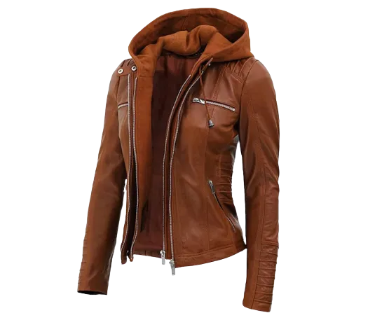 Womens Chaya Genuine Brown Leather Hooded Bomber Jacket