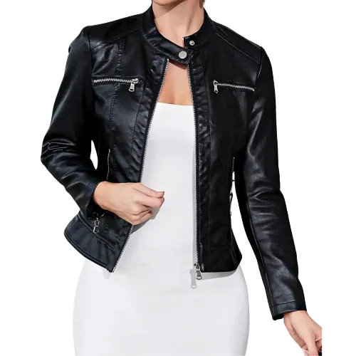 Women's Fashion Trend Simple Autumn Winter Analog Collar Zipper Leather Motorcycle Jacket