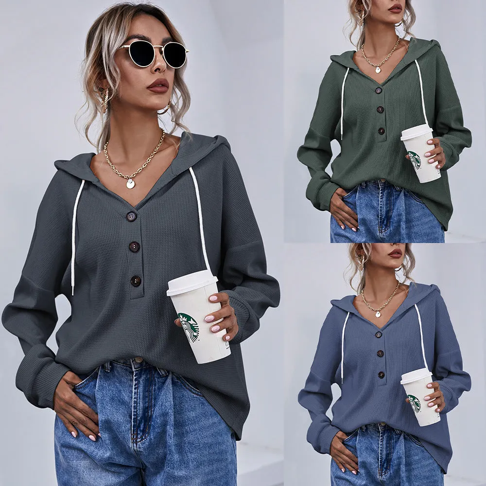 Women's Hooded Shirt Button Long Sleeve Top