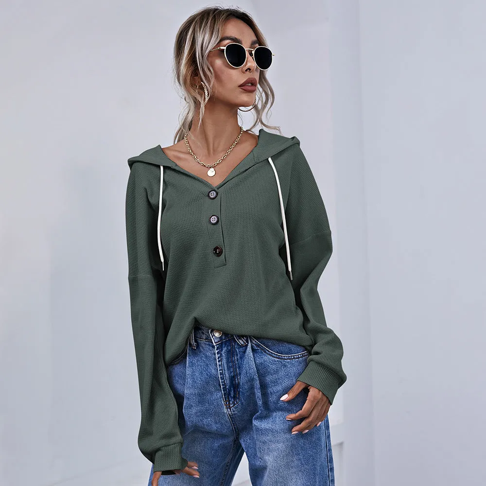 Women's Hooded Shirt Button Long Sleeve Top